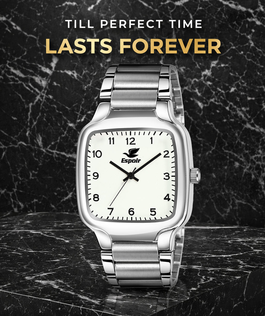 Espoir Square Numbered Steel Strap Square Case White dial Stainless Steel Strap High Quality Analog Watch  - For Men