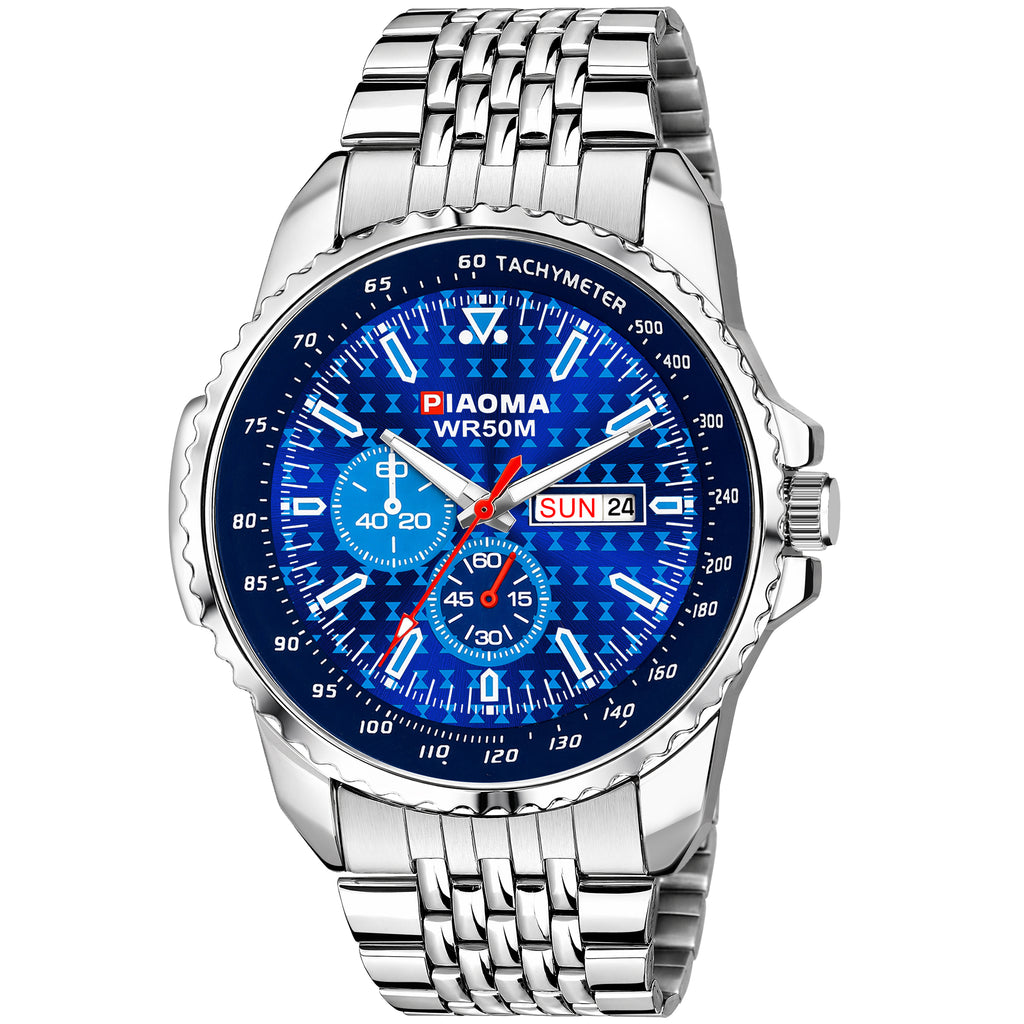 Piaoma Ring Blue Tachymeter Ring Blue Dial Mesh Chain Analog Watch  - For Men