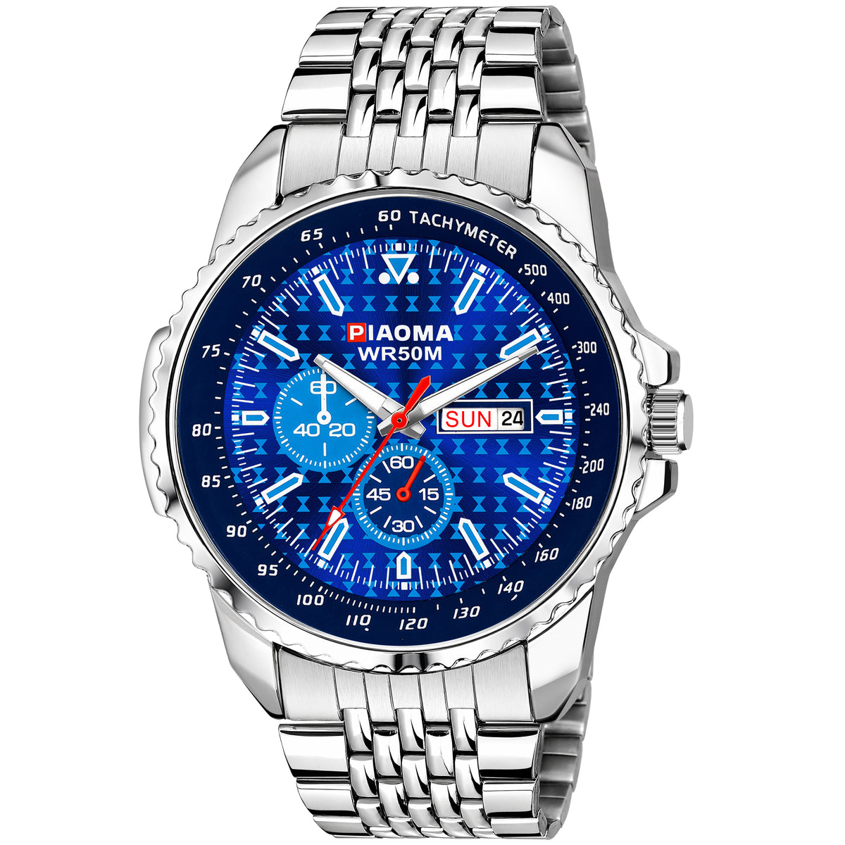 Piaoma Ring Blue Tachymeter Ring Blue Dial Mesh Chain Analog Watch  - For Men
