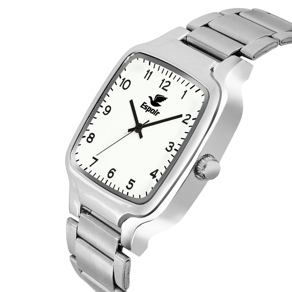 Espoir Square Numbered Steel Strap Square Case White dial Stainless Steel Strap High Quality Analog Watch  - For Men
