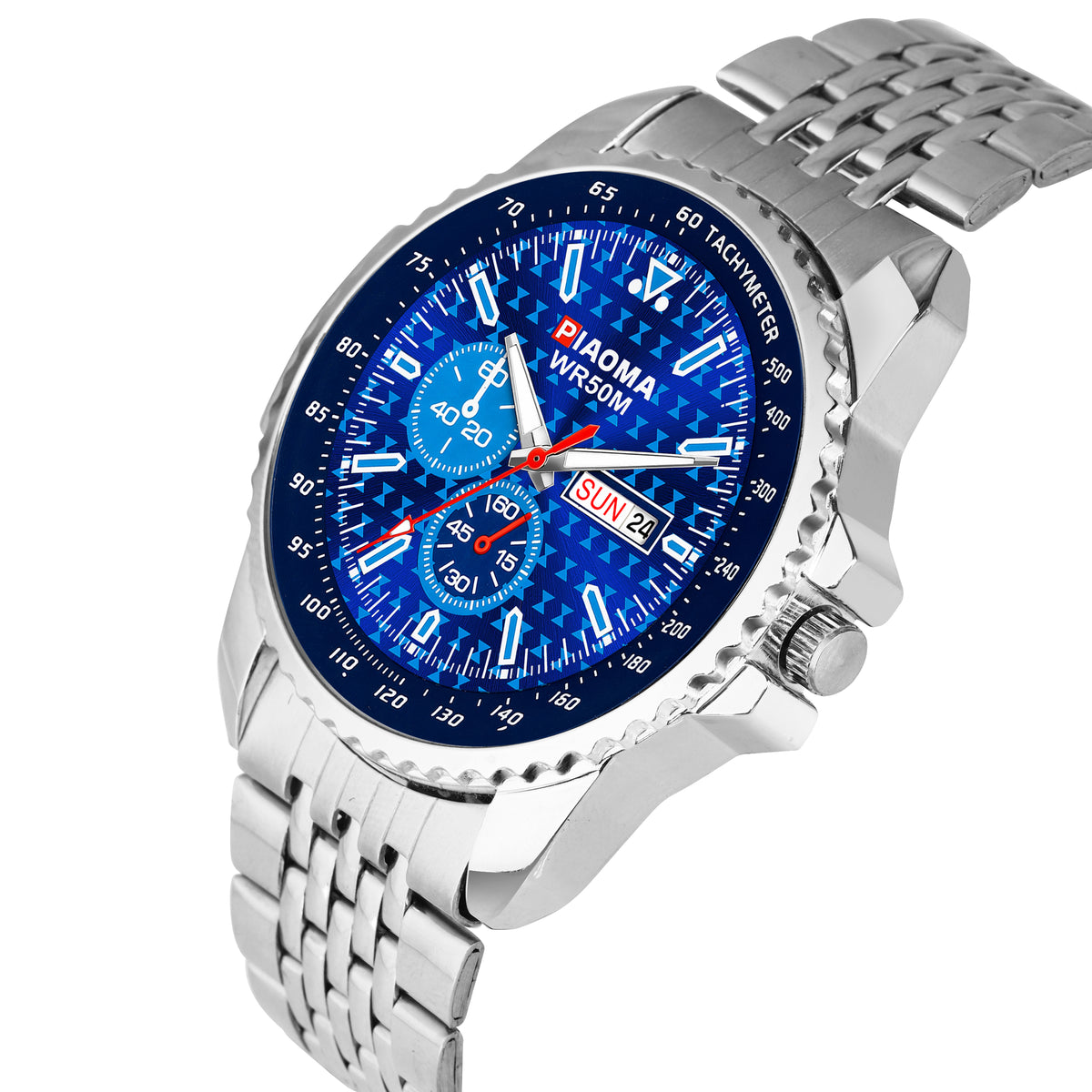 Piaoma Ring Blue Tachymeter Ring Blue Dial Mesh Chain Analog Watch  - For Men