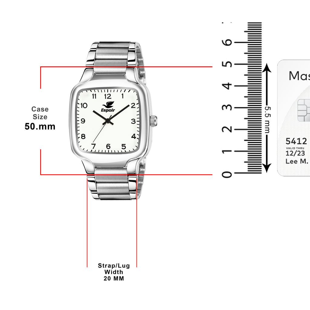 Espoir Square Numbered Steel Strap Square Case White dial Stainless Steel Strap High Quality Analog Watch  - For Men
