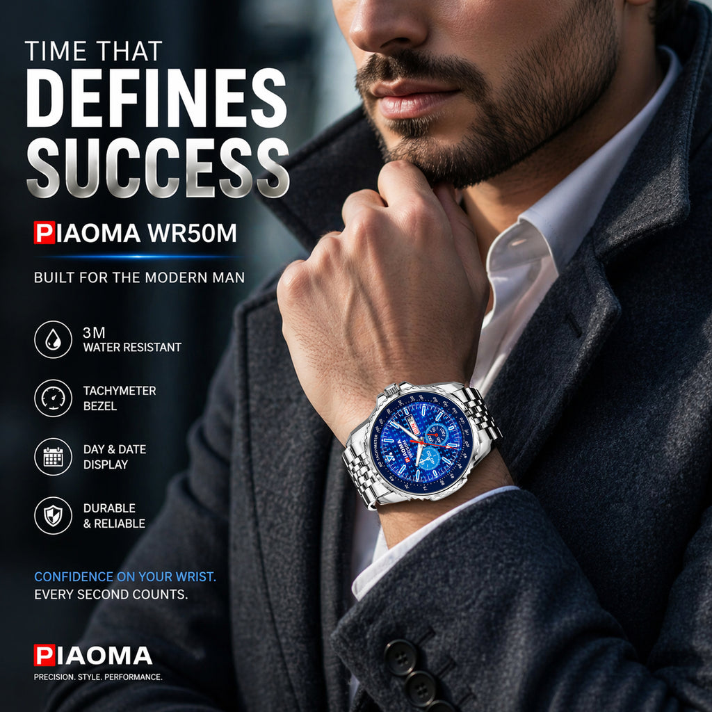 Piaoma Ring Blue Tachymeter Ring Blue Dial Mesh Chain Analog Watch  - For Men