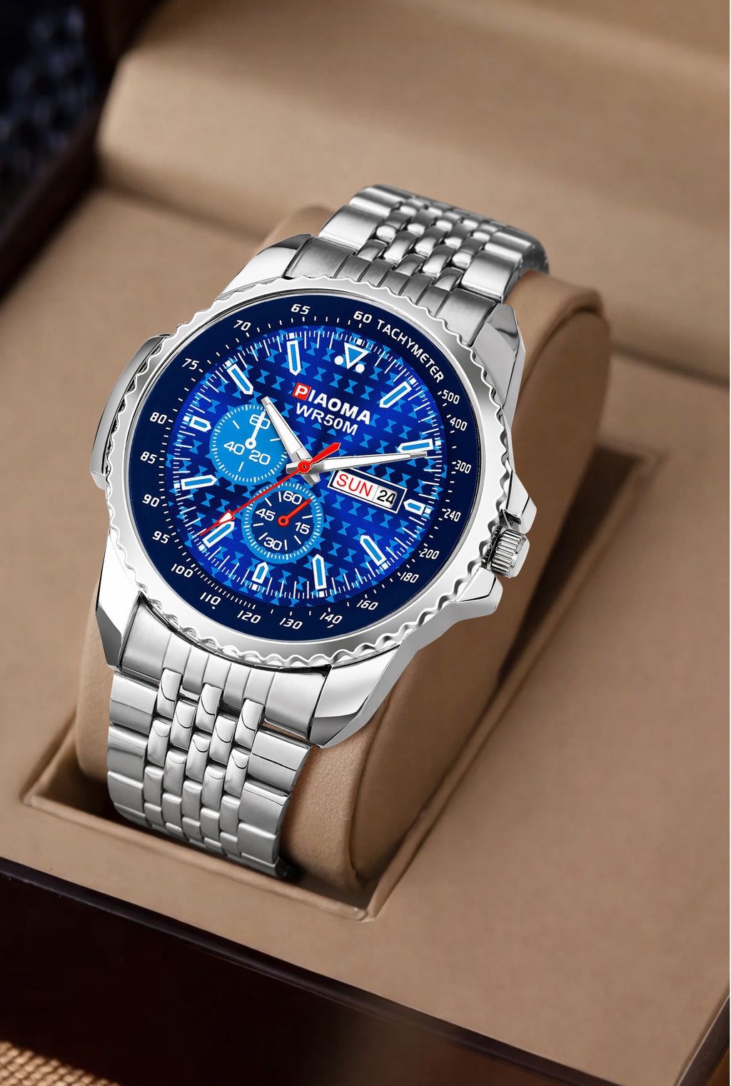 Piaoma Ring Blue Tachymeter Ring Blue Dial Mesh Chain Analog Watch  - For Men