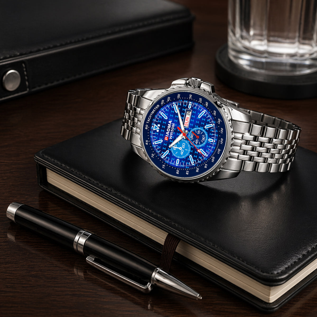 Piaoma Ring Blue Tachymeter Ring Blue Dial Mesh Chain Analog Watch  - For Men
