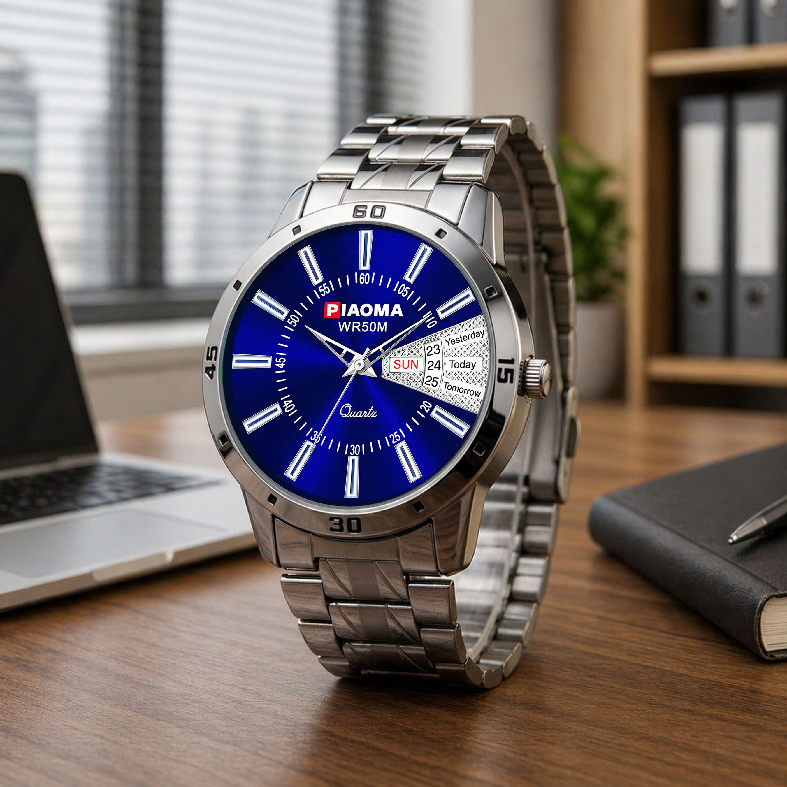 Piaoma Day and Date Latest Blue Stainless Steel FInish Luxury Blue color Day and Date Analog Watch  - For Men