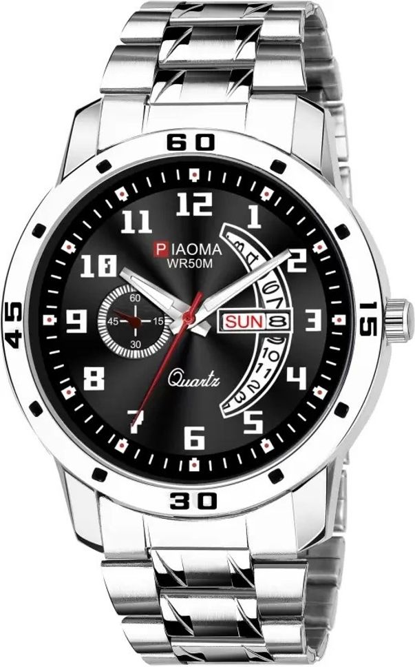 Piaoma NA BLACK DIAL AND SILVER STRAP DAY & DATE FUNCTIONING WATCH FOR BOYS Analog Watch Analog Watch  - For Men