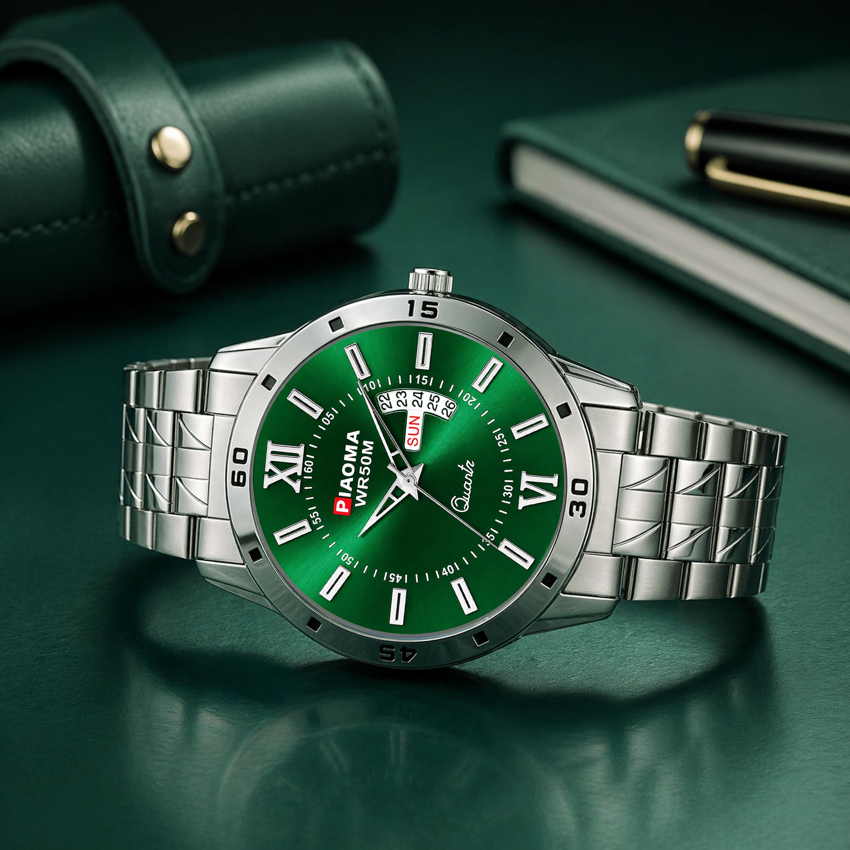Piaoma Roman WDD Green Roman Style Luxury Green Color Day and Date Analog Watch  - For Men