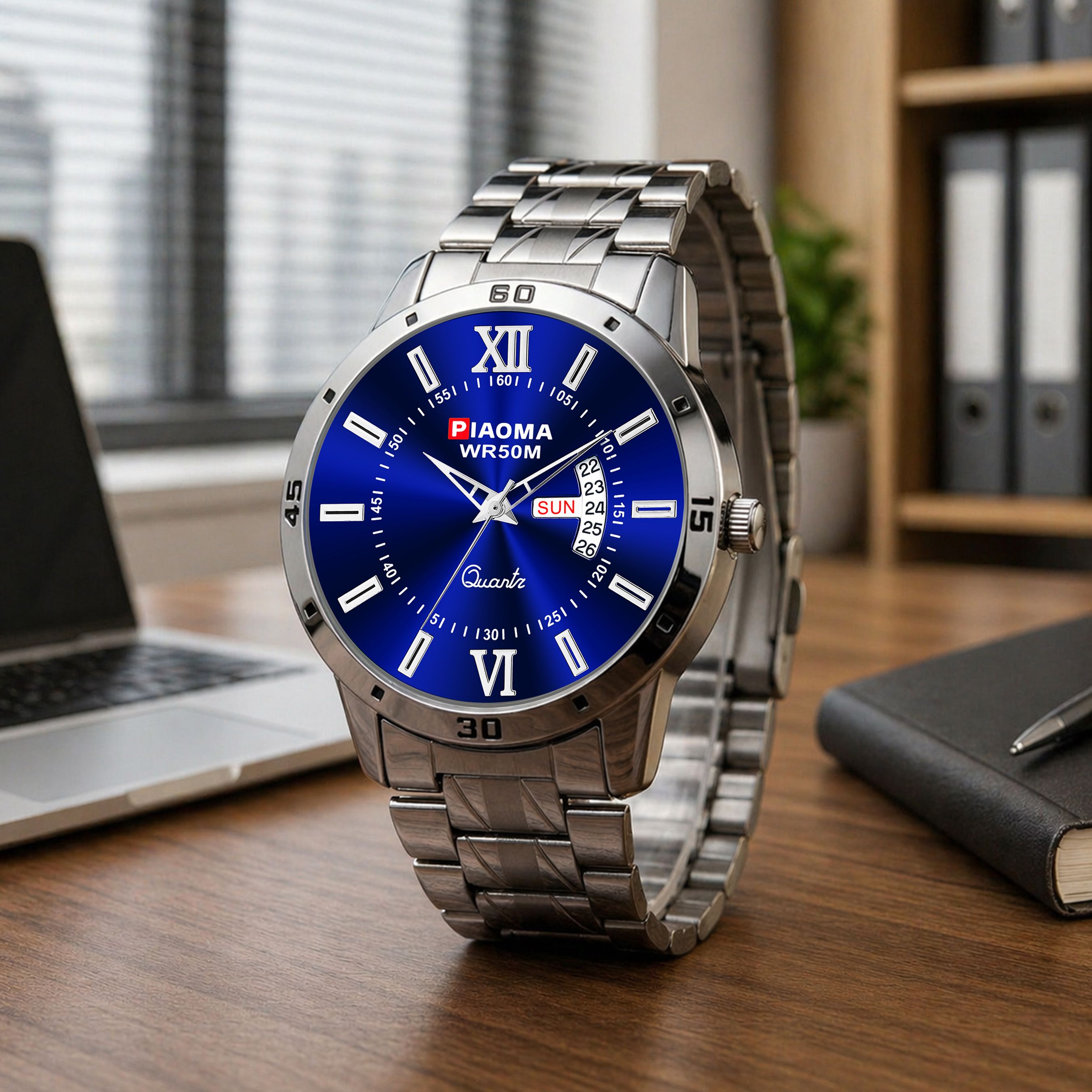 Piaoma Roman WDD Blue Roman Style Luxury Blue Color Day and Date Analog Watch  - For Men