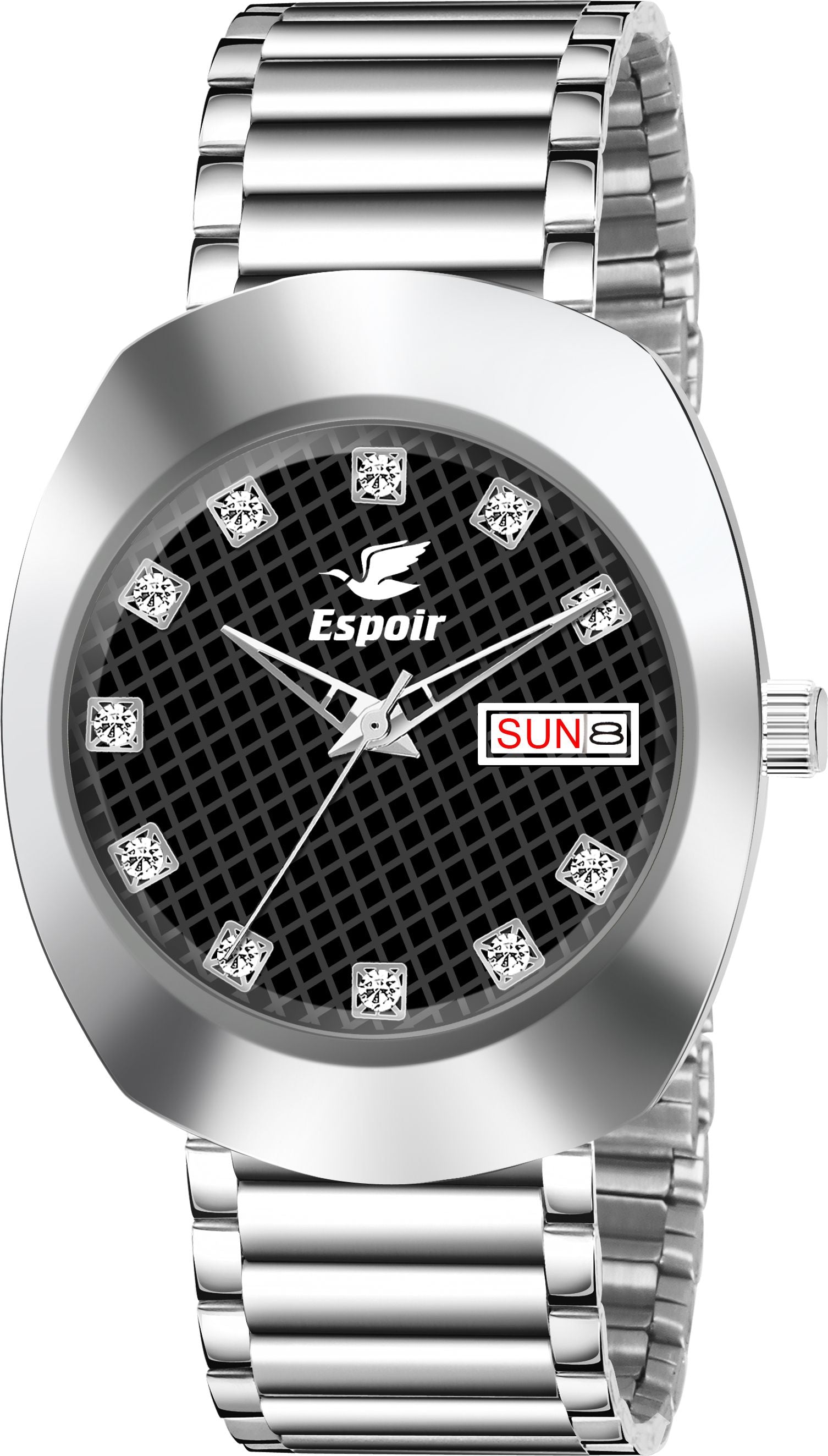 Espoir Stylish 3D Glass with Masculine Silver Stones Series Stainless Steel Chain Analog Watch  - For Men