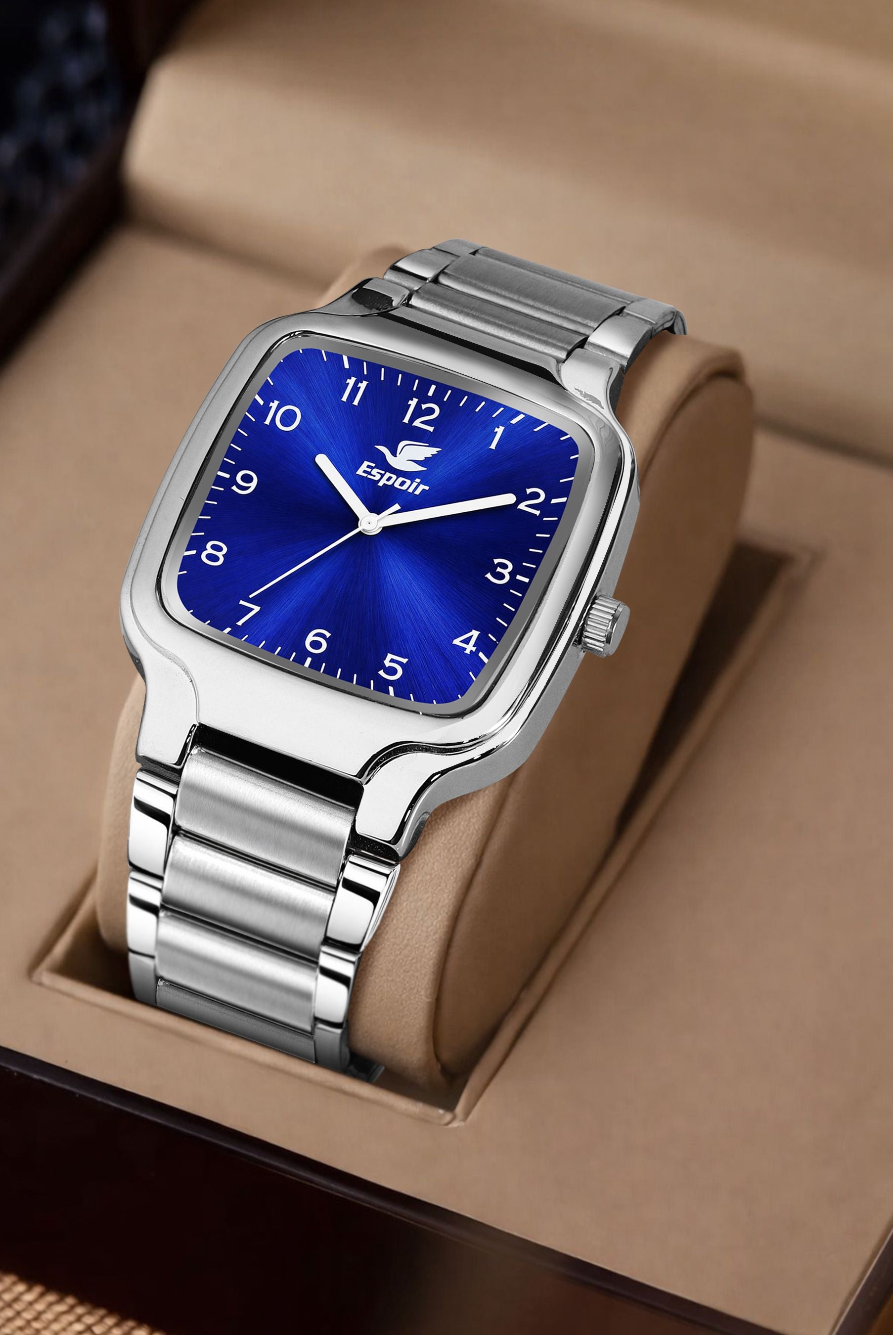 Espoir Square Numbered Steel Strap Square Case Blue dial Stainless Steel Strap High Quality Analog Watch  - For Men