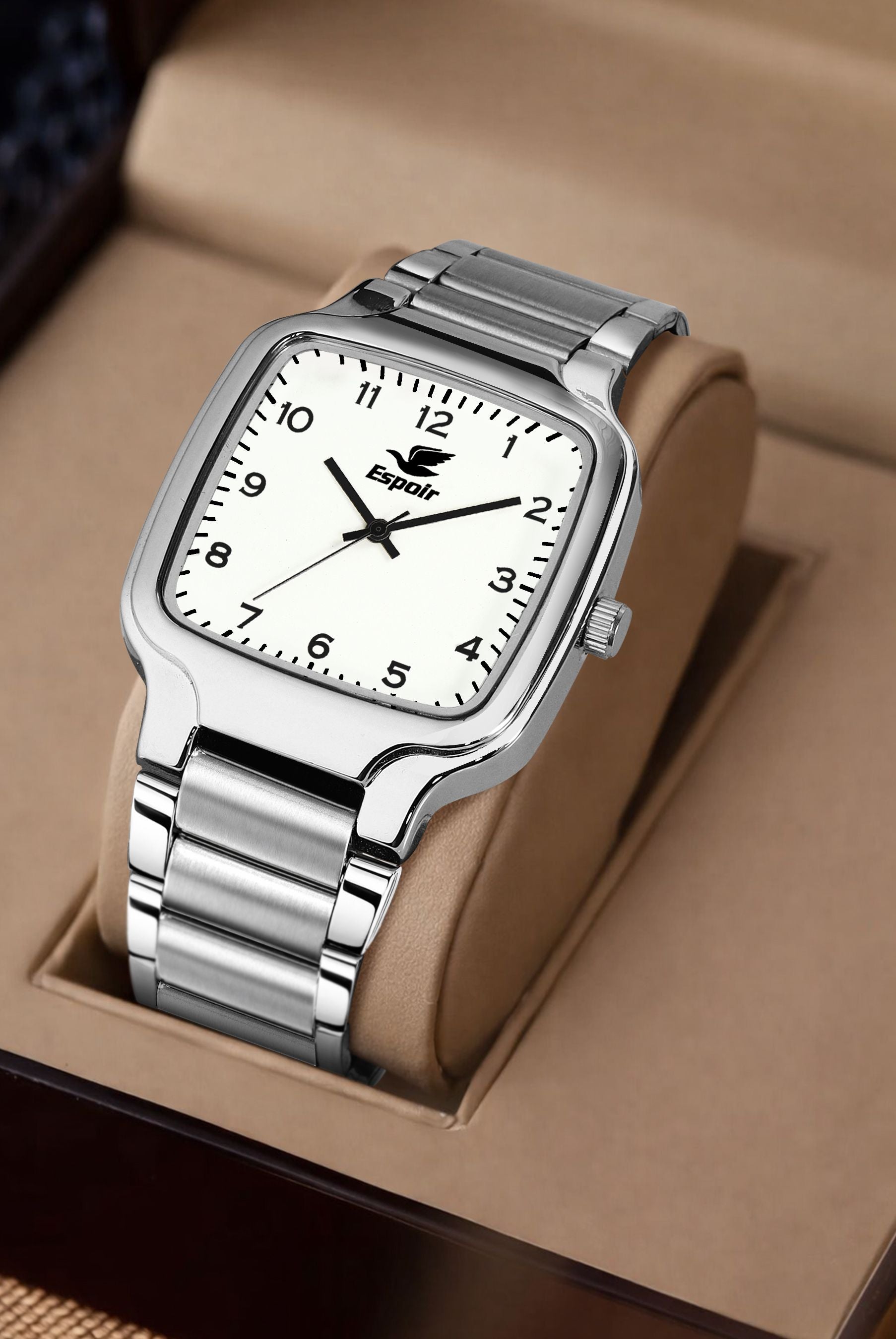 Espoir Square Numbered Steel Strap Square Case White dial Stainless Steel Strap High Quality Analog Watch  - For Men