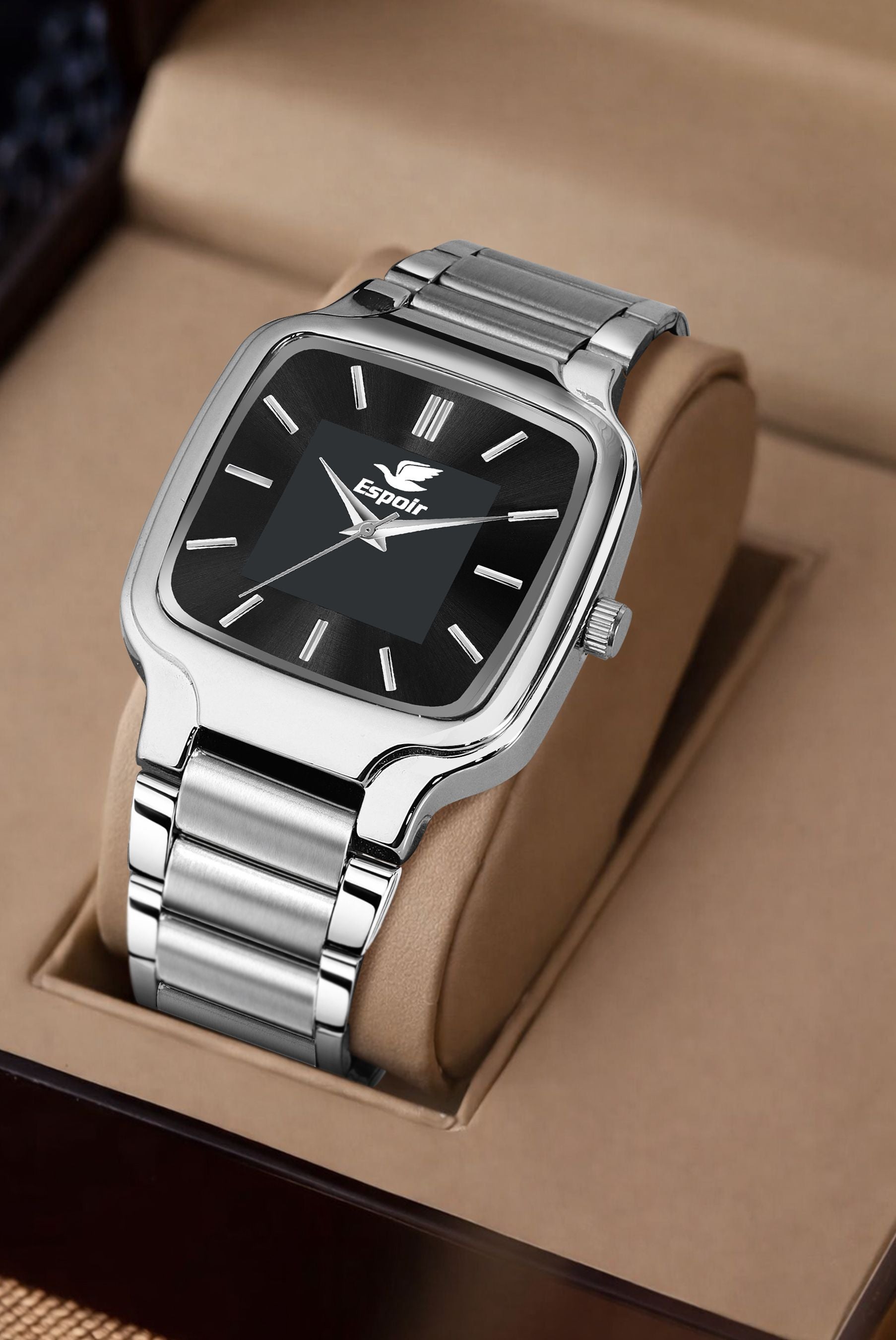 Espoir Square Numbered Steel Strap Square Case Applique Black dial Stainless Steel Strap High Quality Analog Watch  - For Men