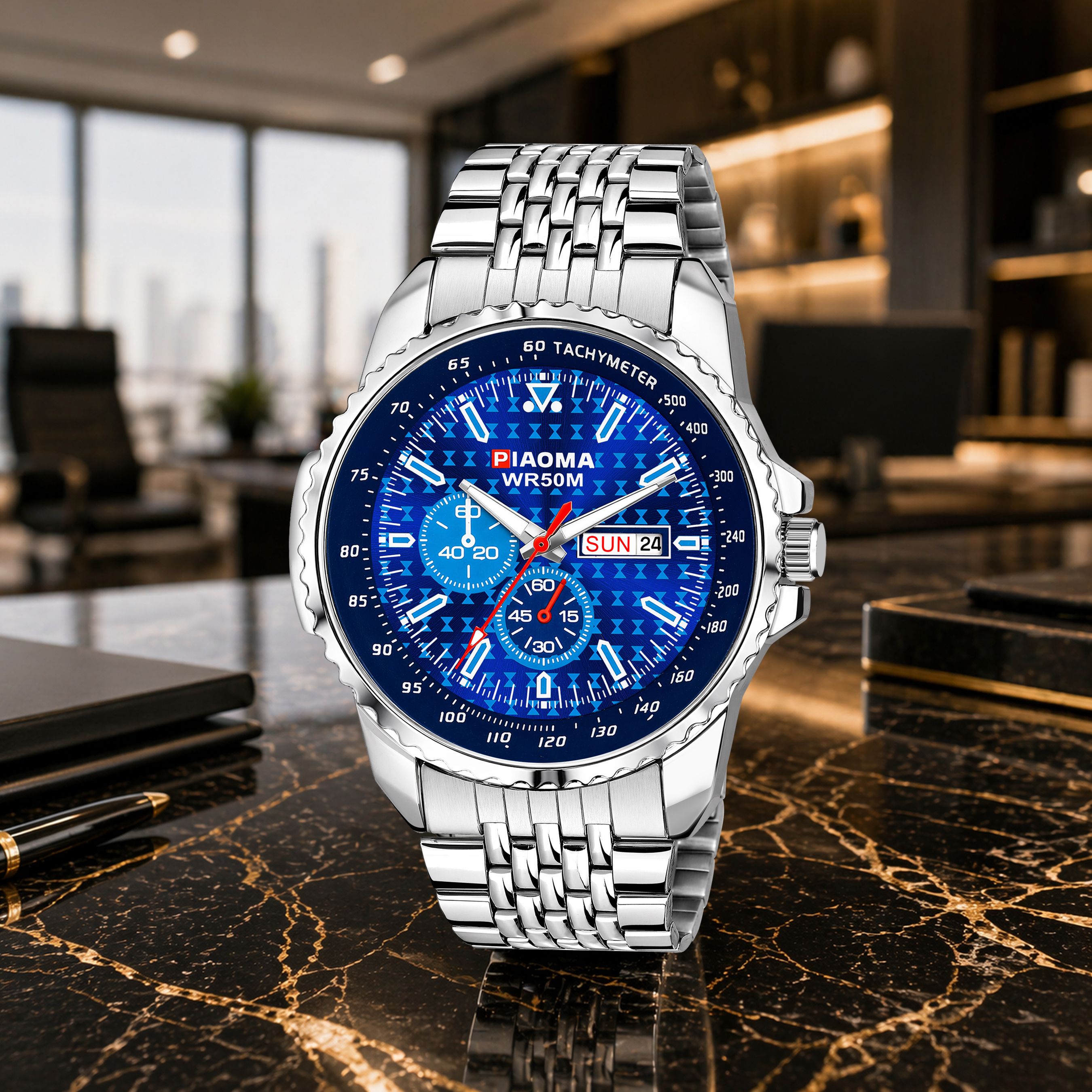 Piaoma Ring Blue Tachymeter Ring Blue Dial Mesh Chain Analog Watch  - For Men