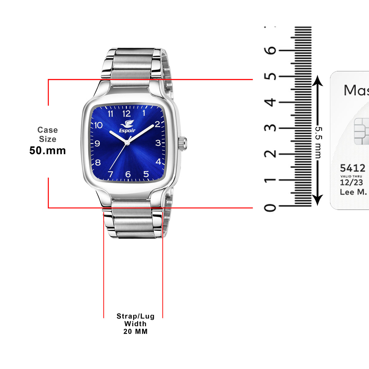 Espoir Square Numbered Steel Strap Square Case Blue dial Stainless Steel Strap High Quality Analog Watch  - For Men
