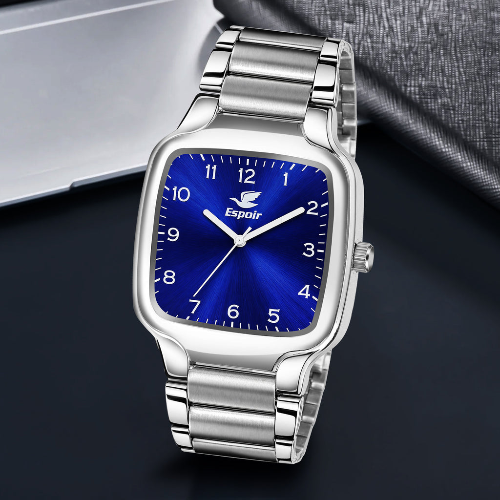 Espoir Square Numbered Steel Strap Square Case Blue dial Stainless Steel Strap High Quality Analog Watch  - For Men