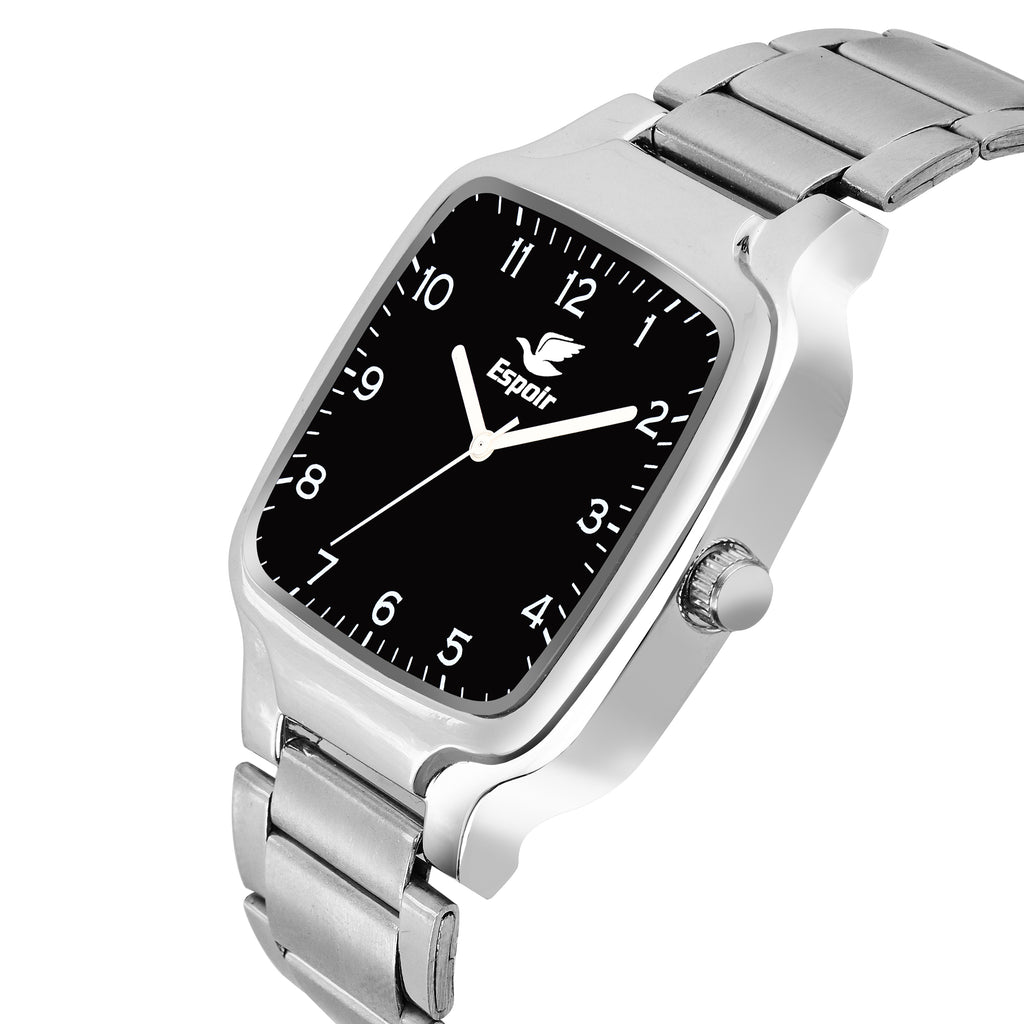 Espoir Square Numbered Steel Strap Square Case Black dial Stainless Steel Strap High Quality Analog Watch  - For Men