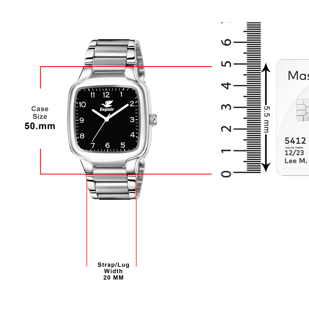 Espoir Square Numbered Steel Strap Square Case Black dial Stainless Steel Strap High Quality Analog Watch  - For Men