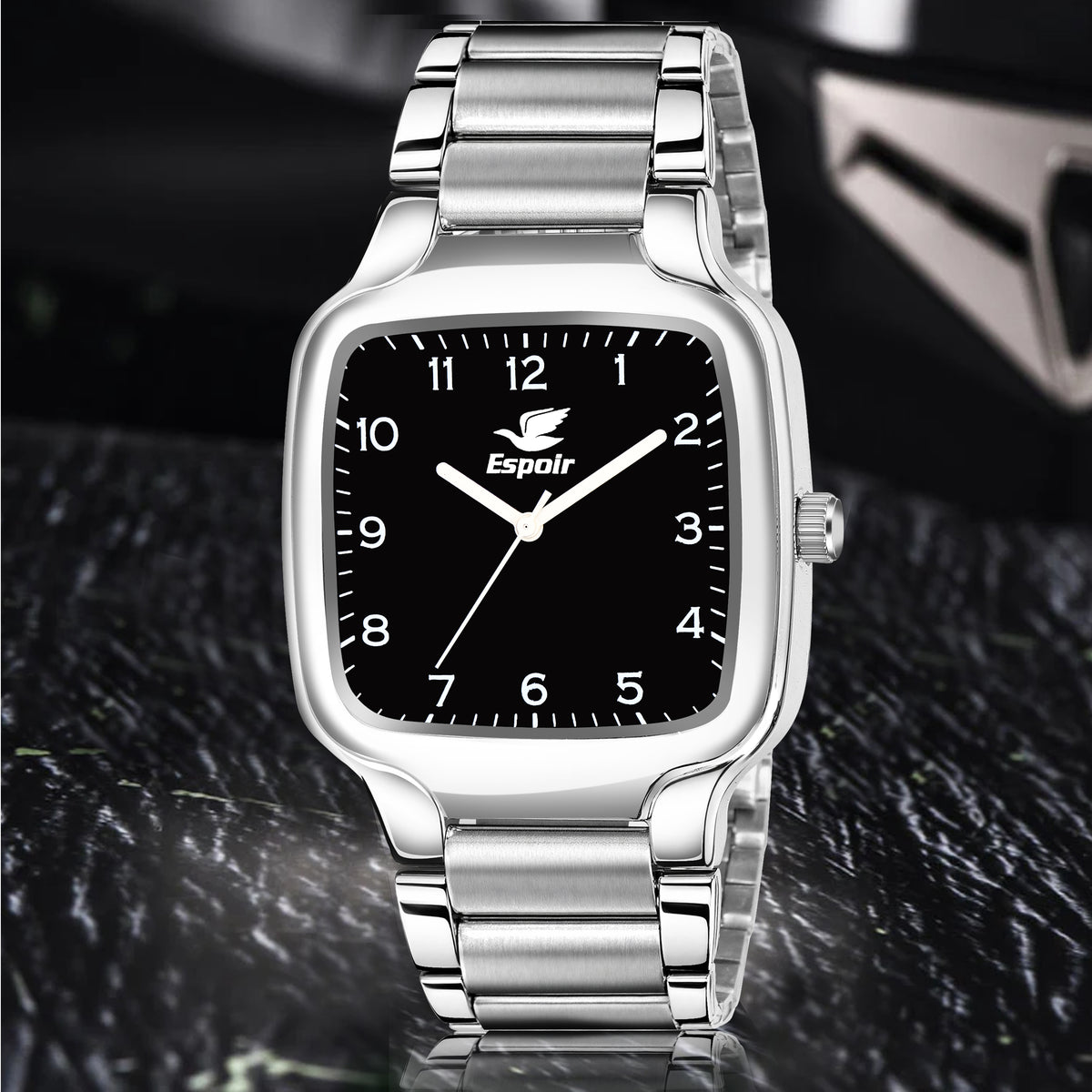 Espoir Square Numbered Steel Strap Square Case Black dial Stainless Steel Strap High Quality Analog Watch  - For Men