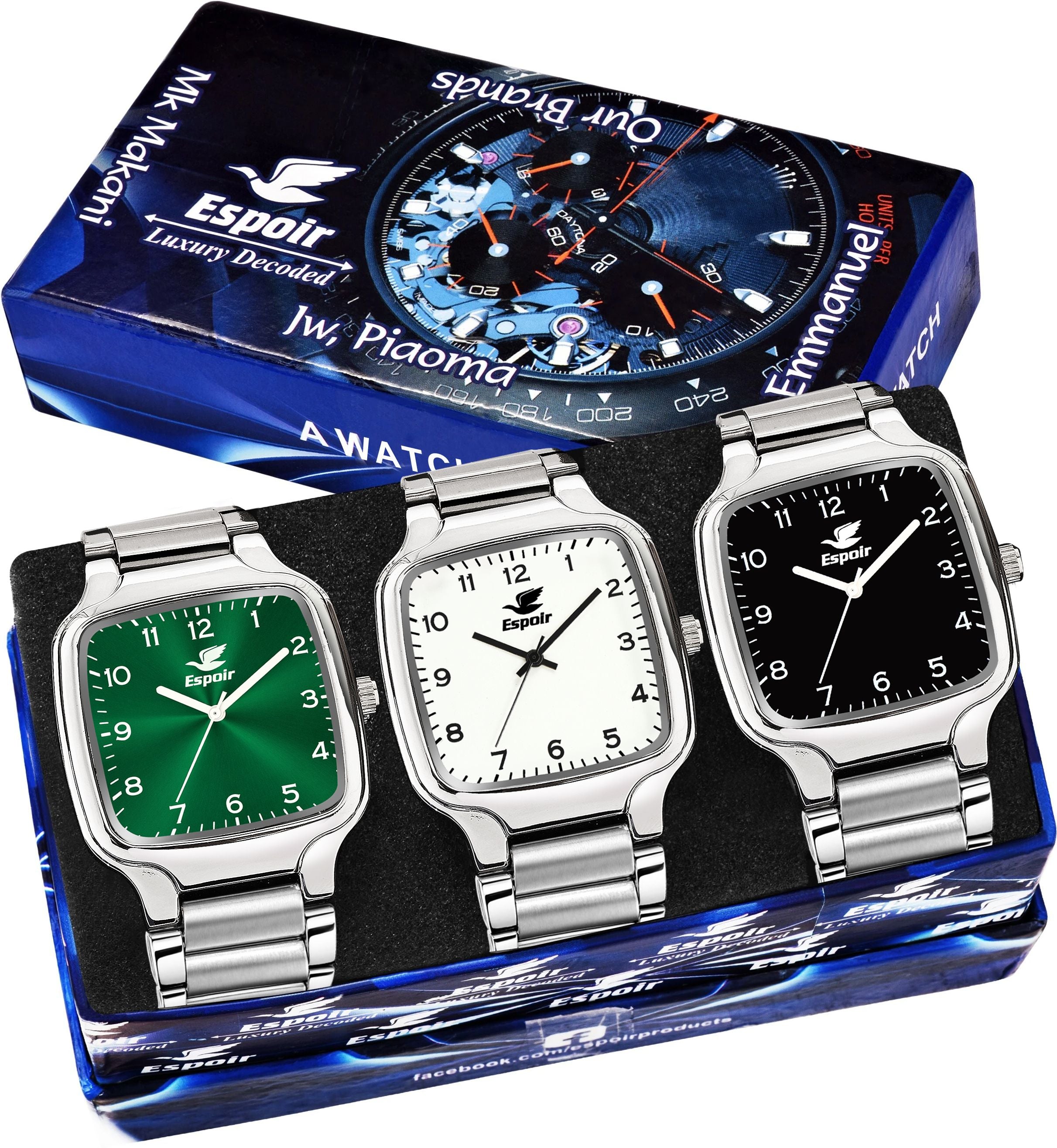 Espoir Combo SQ WHT BLK GRN Num Square Numbered Dial Pattern Combo of 3 Analog Watch  - For Men