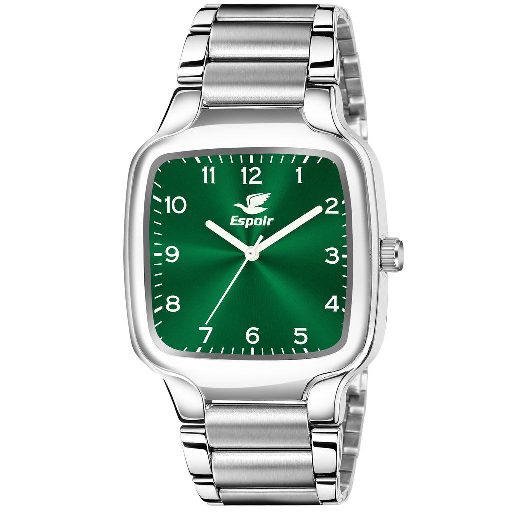 Espoir Square Numbered Steel Strap Square Case Green dial Stainless Steel Strap High Quality Analog Watch  - For Men