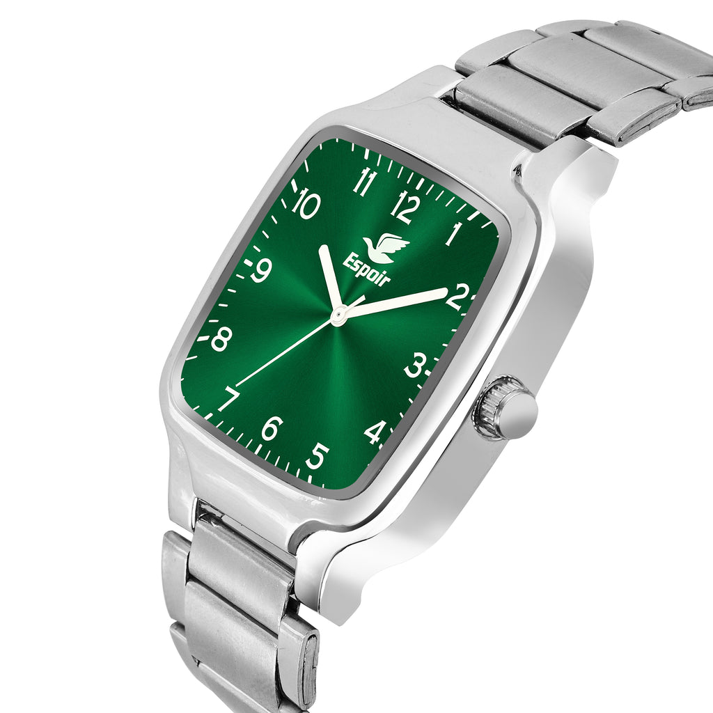Espoir Square Numbered Steel Strap Square Case Green dial Stainless Steel Strap High Quality Analog Watch  - For Men