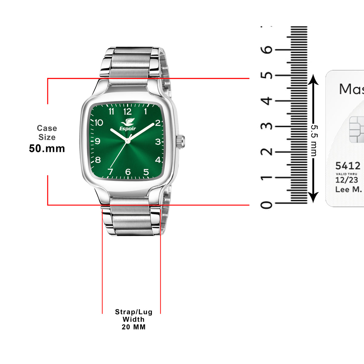 Espoir Square Numbered Steel Strap Square Case Green dial Stainless Steel Strap High Quality Analog Watch  - For Men
