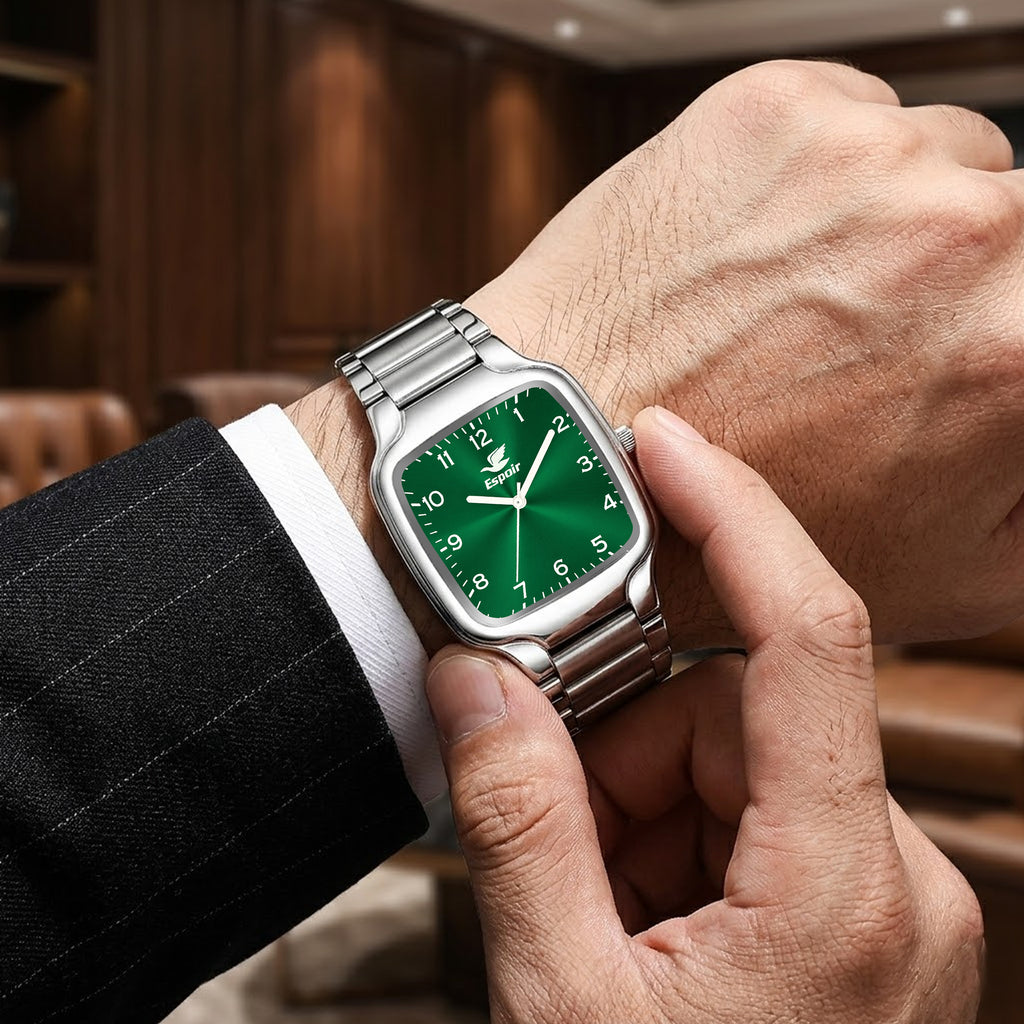 Espoir Square Numbered Steel Strap Square Case Green dial Stainless Steel Strap High Quality Analog Watch  - For Men