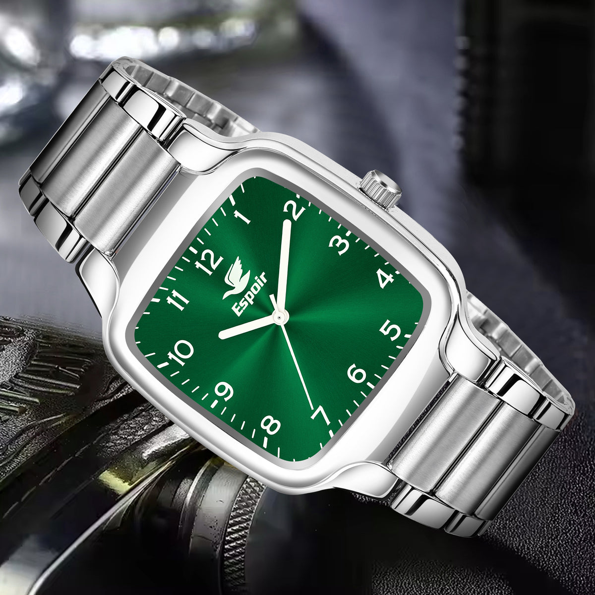 Espoir Square Numbered Steel Strap Square Case Green dial Stainless Steel Strap High Quality Analog Watch  - For Men