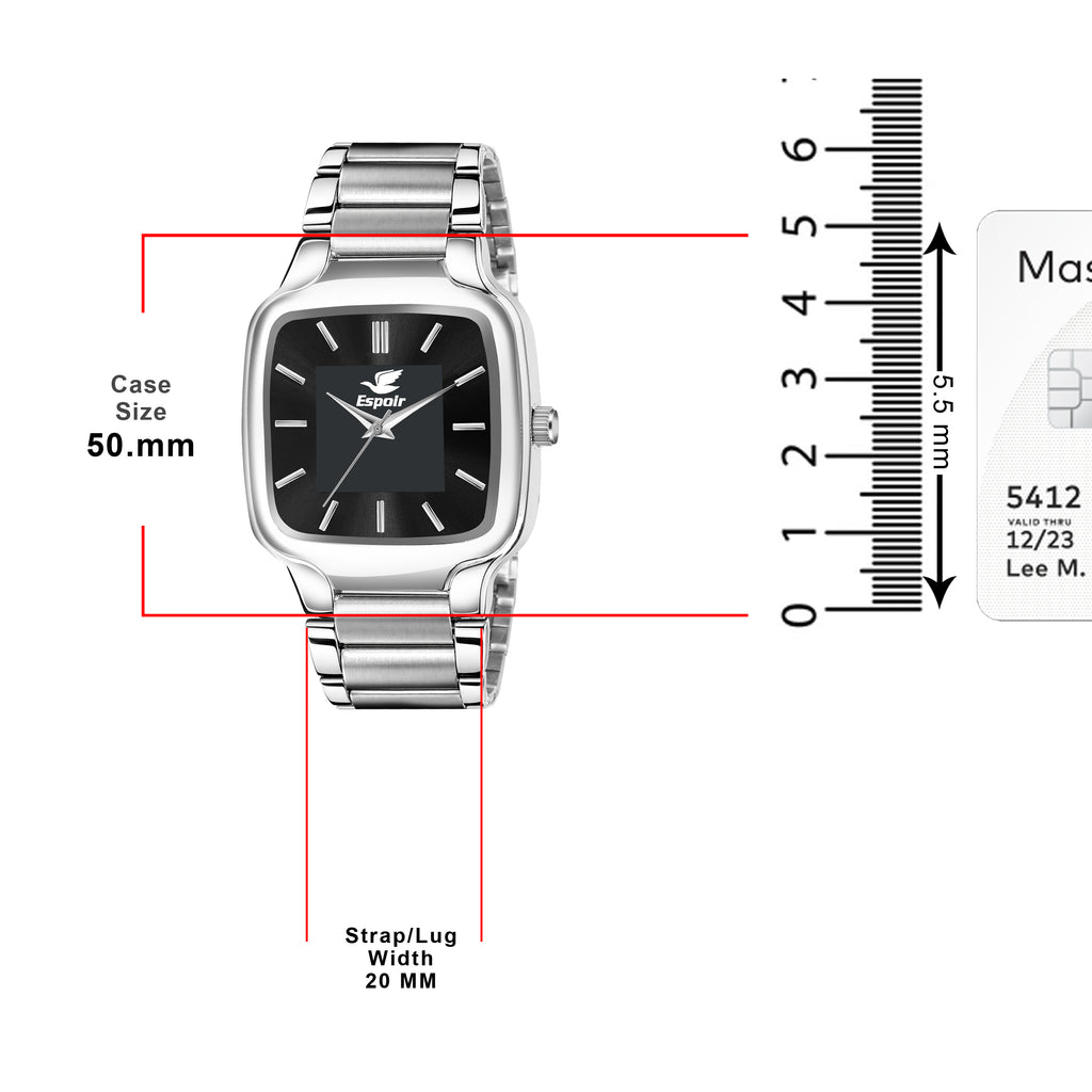 Espoir Square Numbered Steel Strap Square Case Applique Black dial Stainless Steel Strap High Quality Analog Watch  - For Men