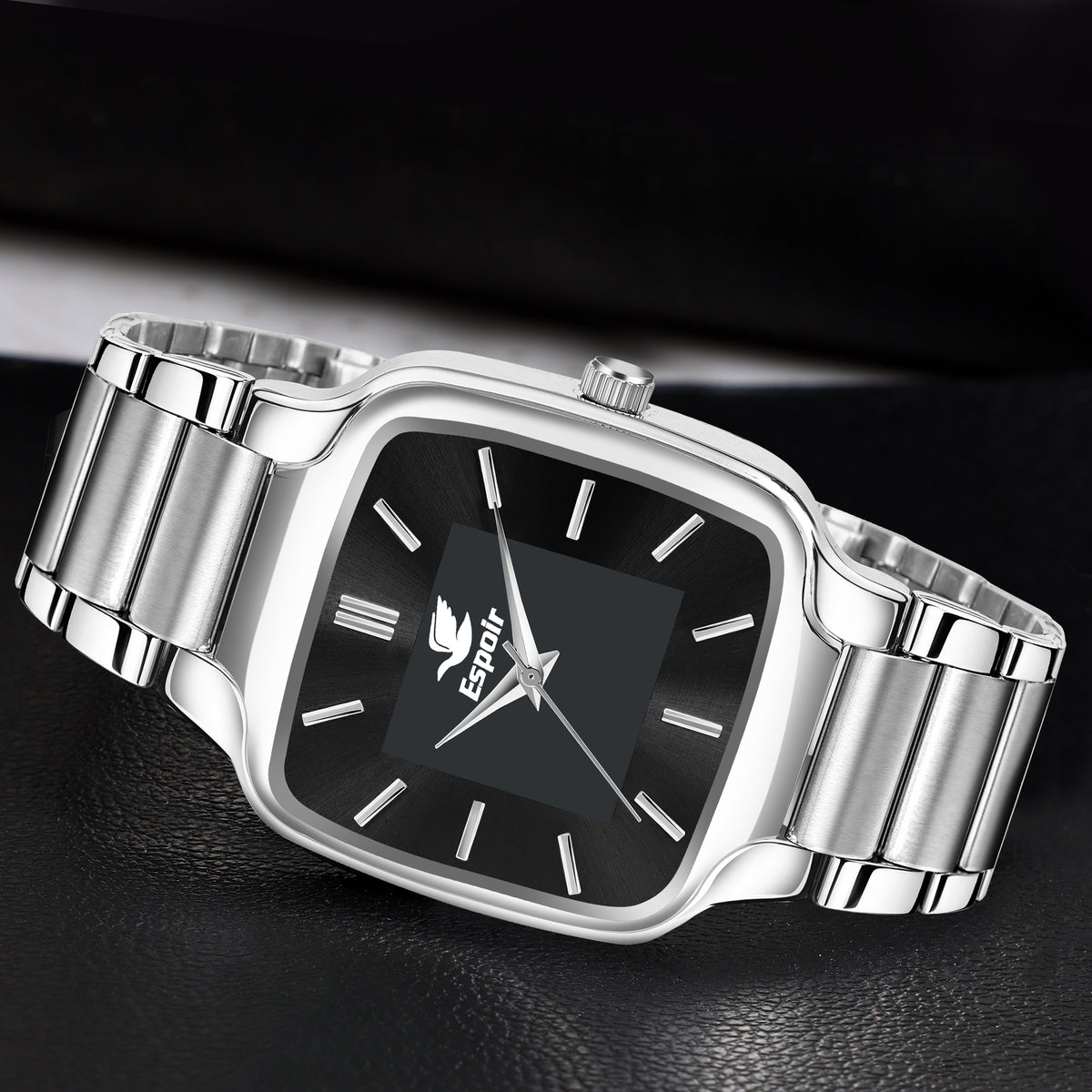 Espoir Square Numbered Steel Strap Square Case Applique Black dial Stainless Steel Strap High Quality Analog Watch  - For Men