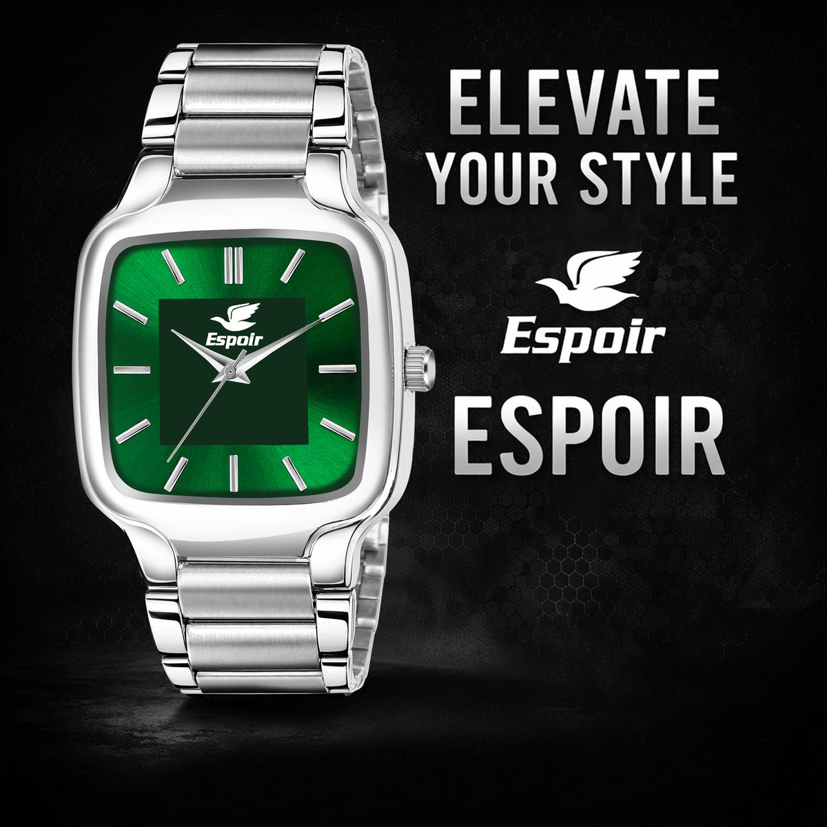 Espoir Square Case Fresh Green dial Stainless Steel Strap High Quality Analog Watch  - For Men