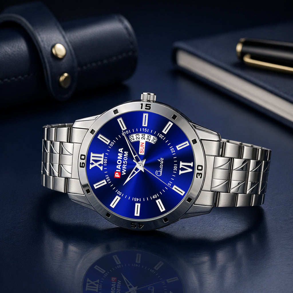 Piaoma Roman WDD Blue Roman Style Luxury Blue Color Day and Date Analog Watch  - For Men