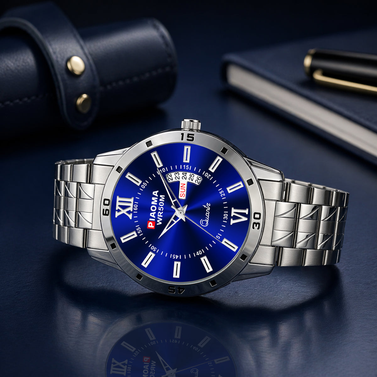 Piaoma Roman WDD Blue Roman Style Luxury Blue Color Day and Date Analog Watch  - For Men