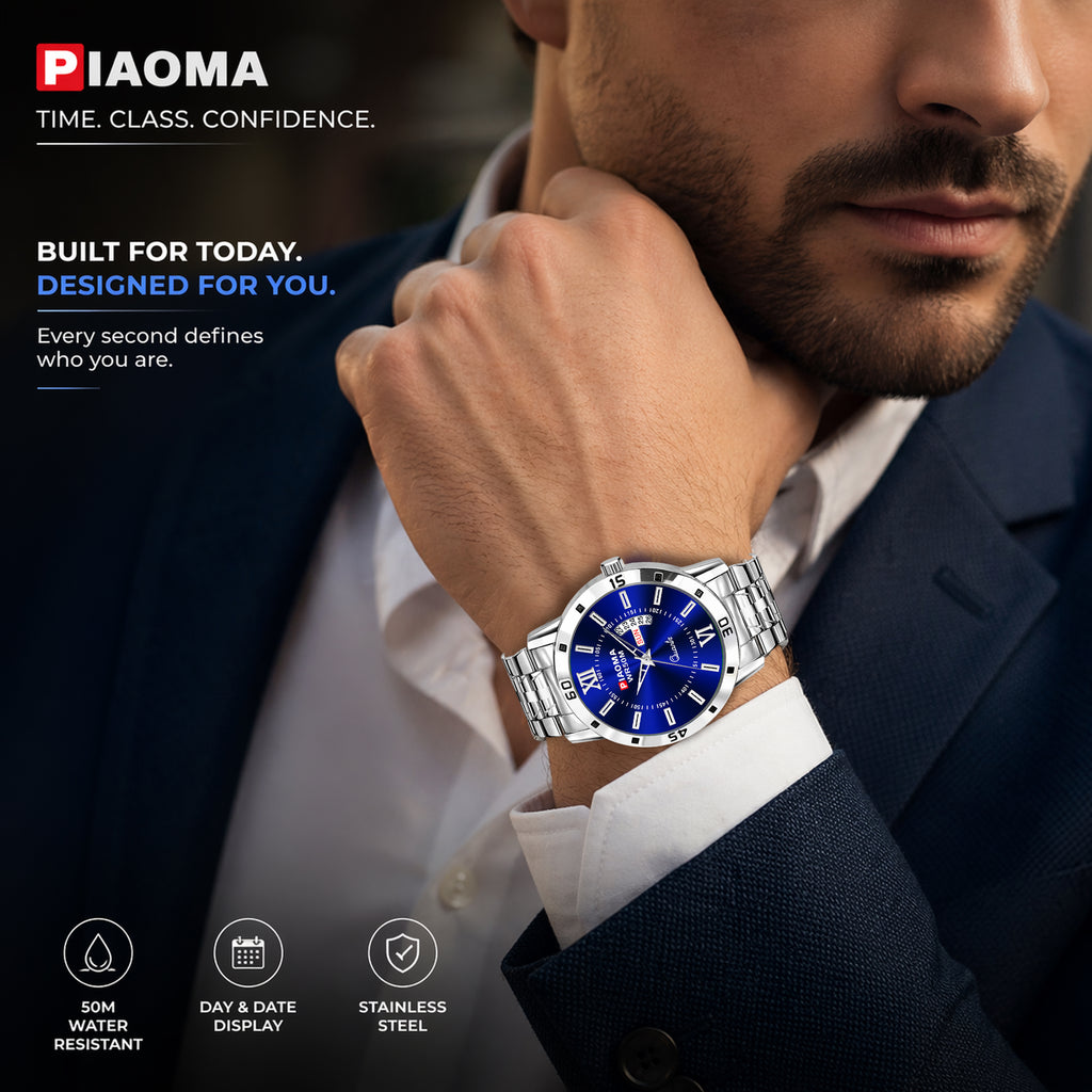 Piaoma Roman WDD Blue Roman Style Luxury Blue Color Day and Date Analog Watch  - For Men