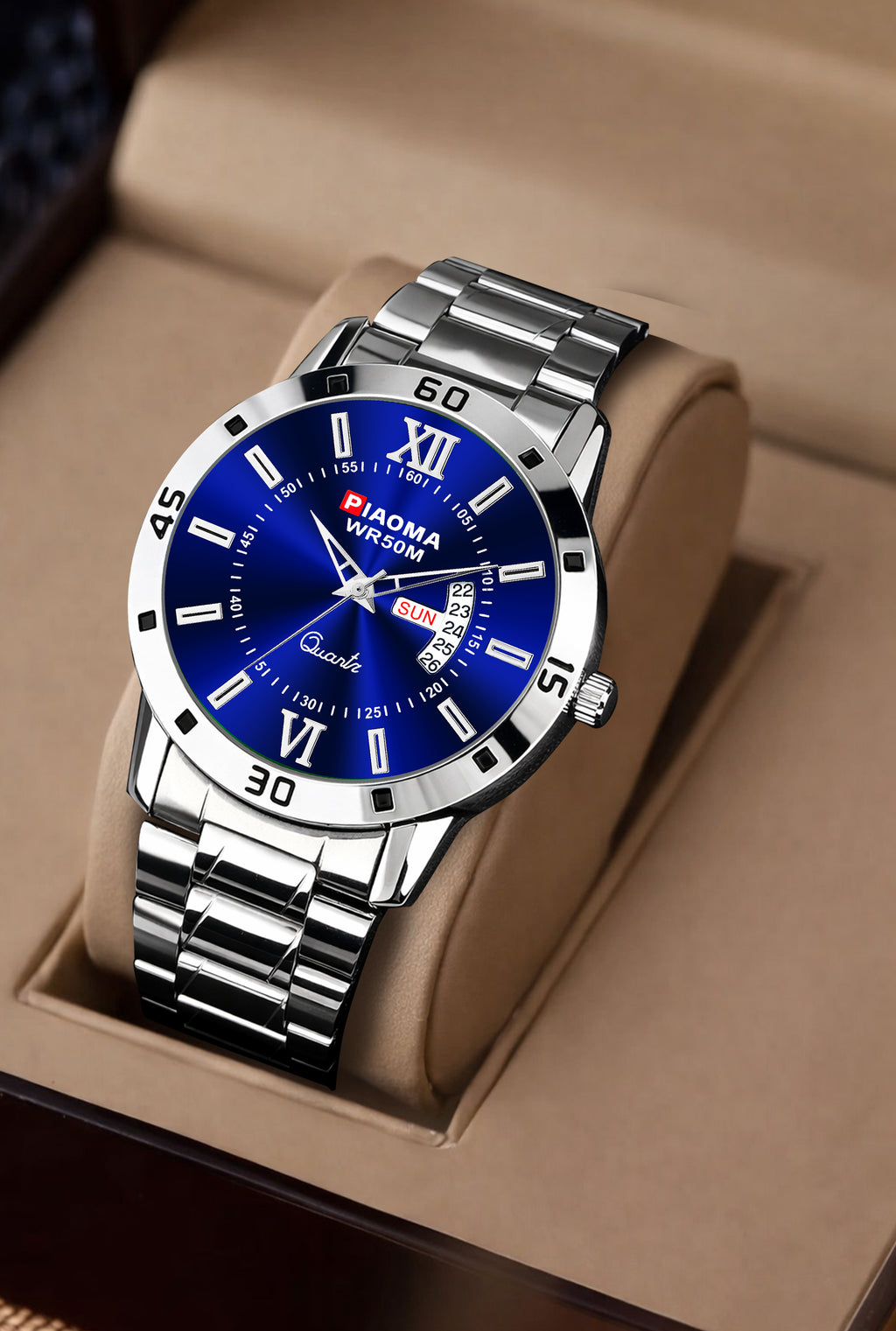 Piaoma Roman WDD Blue Roman Style Luxury Blue Color Day and Date Analog Watch  - For Men