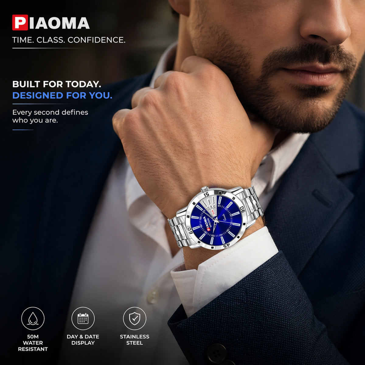 Piaoma Day and Date Latest Blue Stainless Steel FInish Luxury Blue color Day and Date Analog Watch  - For Men