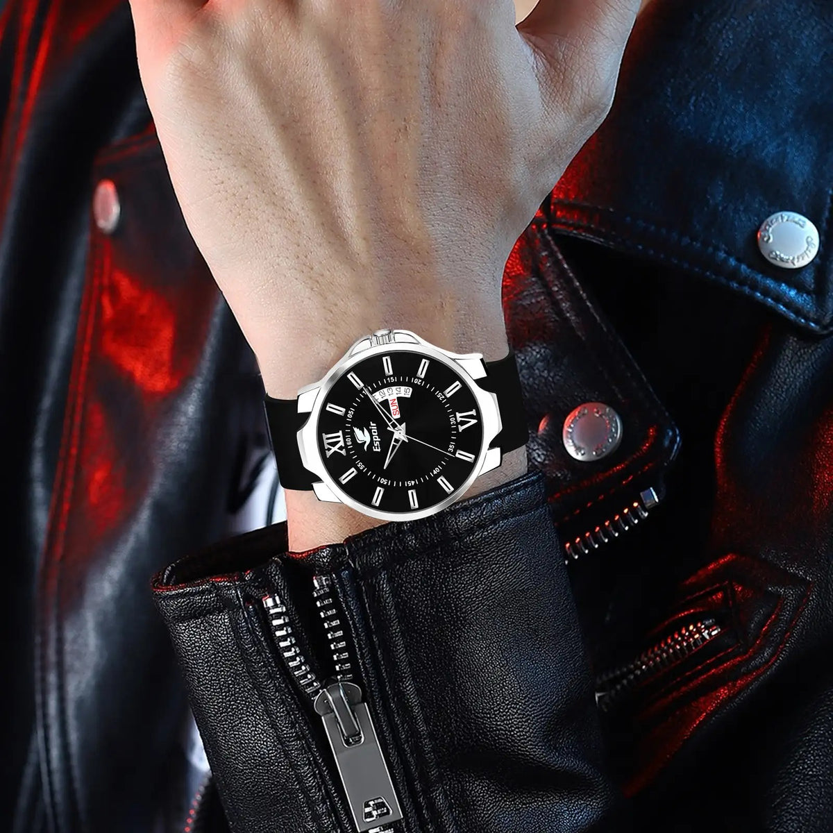 Espoir Black Silicone Day and Date Smart Watch Strap Day And Date Functioning High Quality Analog Watch  - For Men