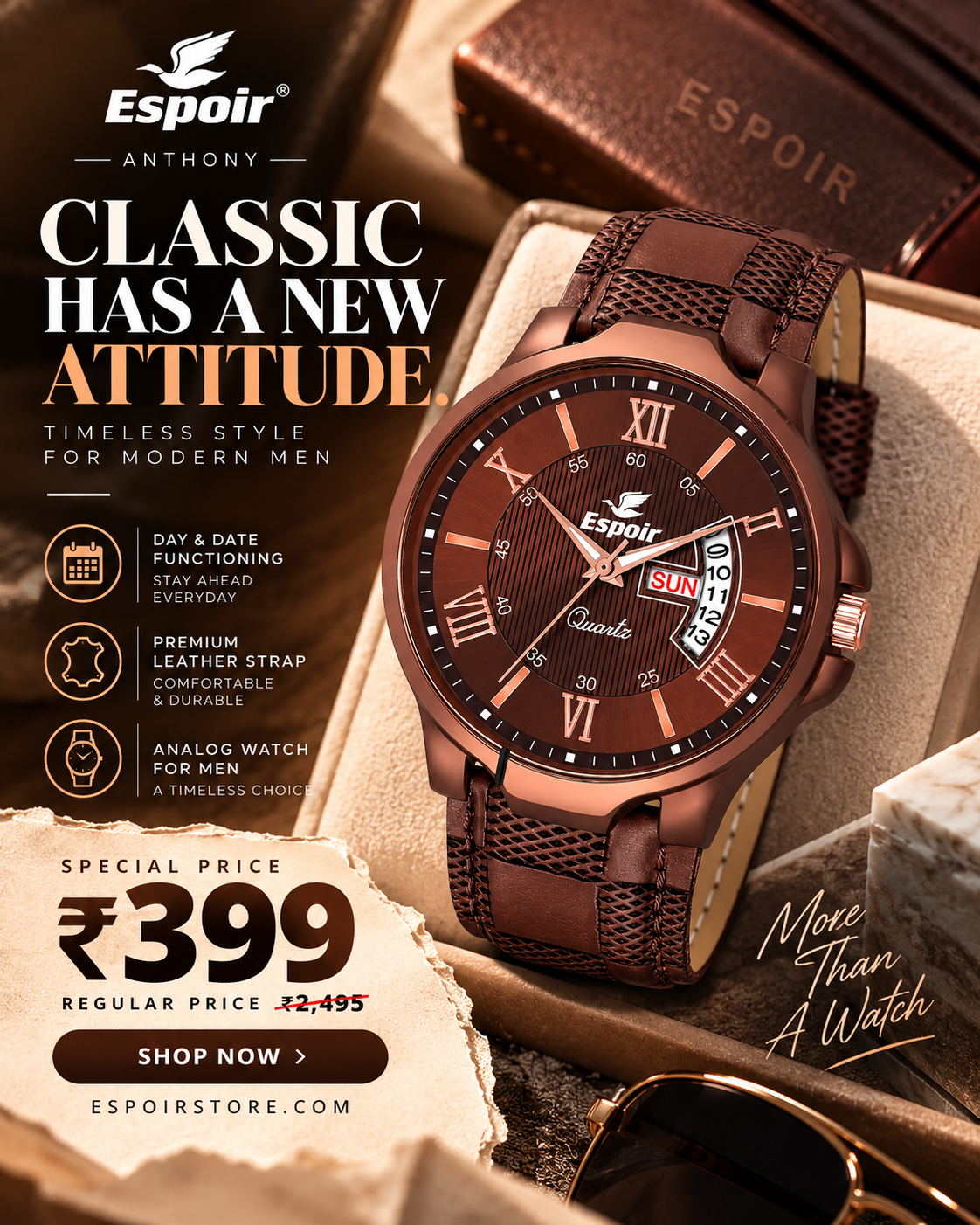 Espoir Anthony New Day And Date Functioning High Quality Analog Watch  - For Men