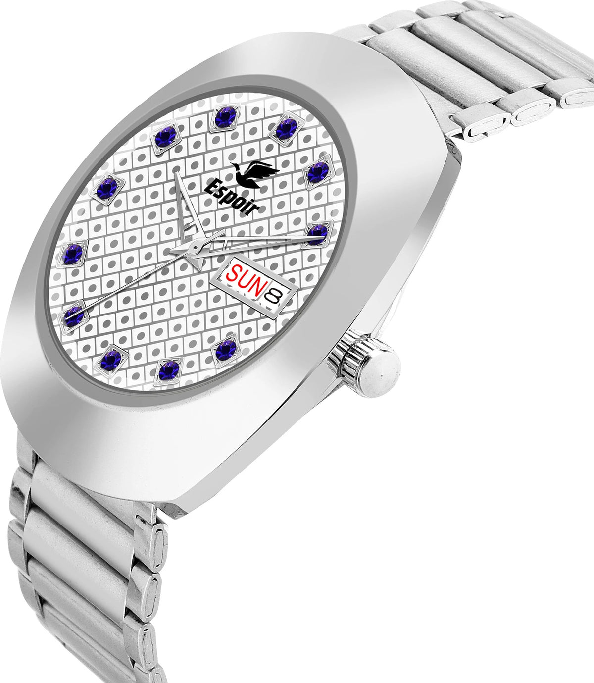 Espoir Stylish 3D Glass with Masculine Blue Stones Series Stainless Steel Chain Analog Watch  - For Men