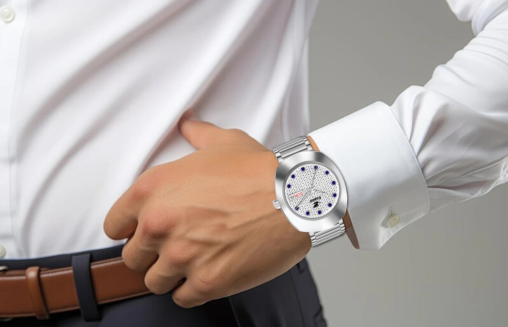 Espoir Stylish 3D Glass with Masculine Blue Stones Series Stainless Steel Chain Analog Watch  - For Men