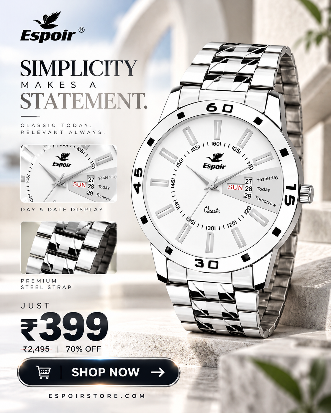 Espoir ES-2546 Day And Date Functioning High Quality Analog Watch  - For Men