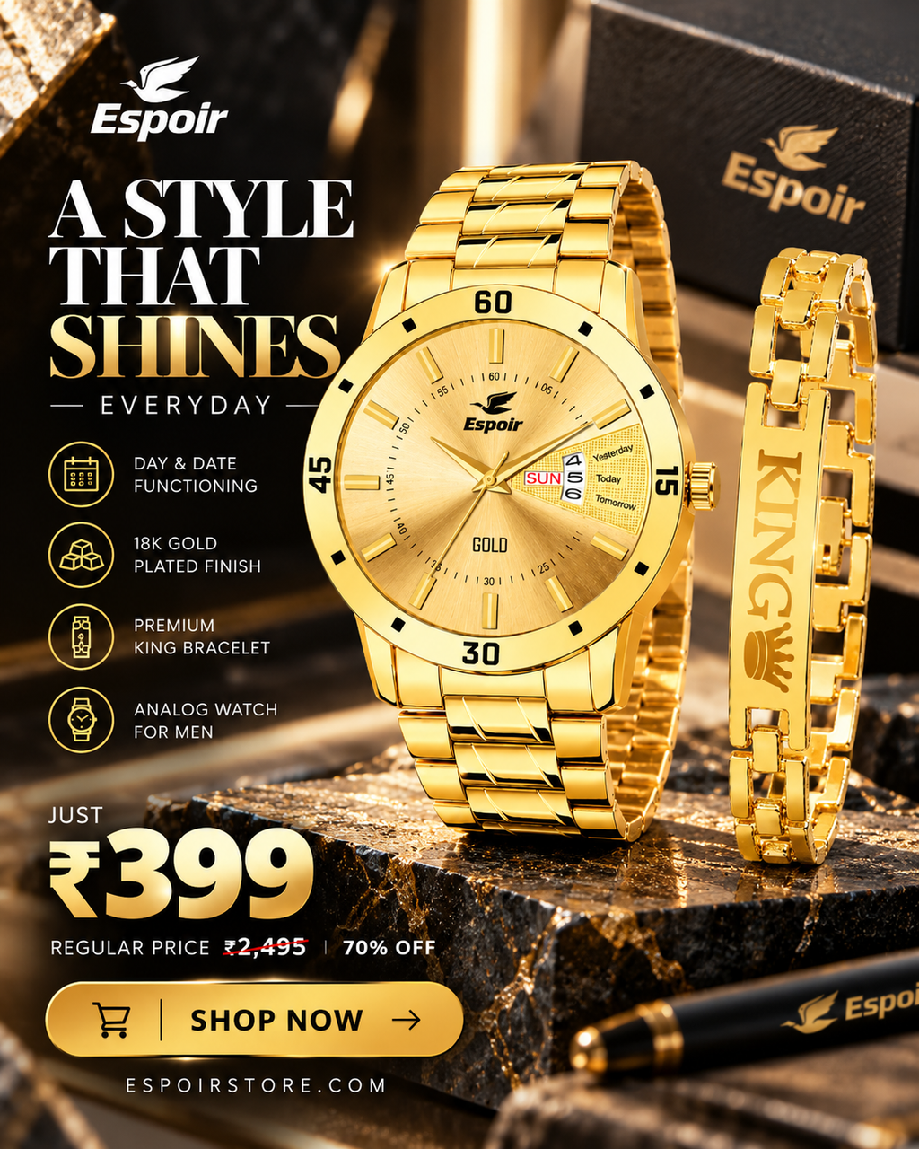 Espoir Gold Plated 18K DAY AND DATE FUNCTIONING WATCH WITH KING BRACELET Analog Watch  - For Men