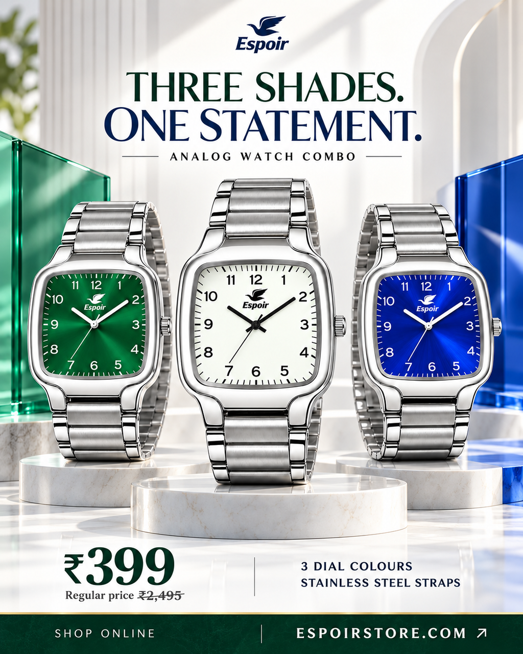 Espoir Combo SQ WHT BLK GRN Num Square Numbered Dial Pattern Combo of 3 Analog Watch  - For Men