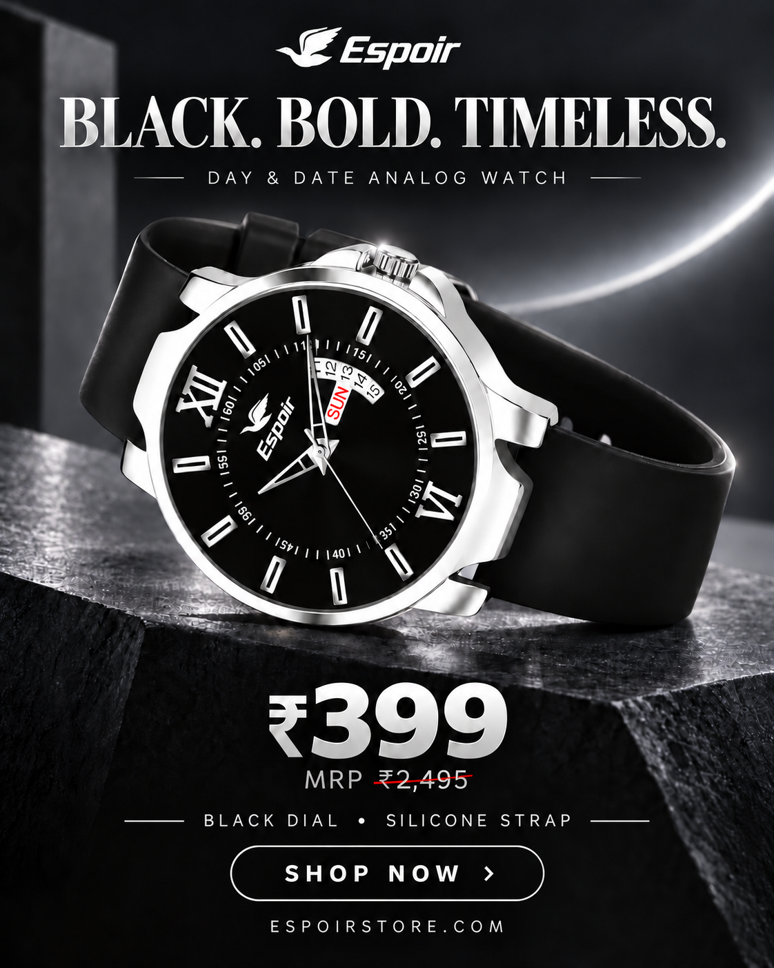 Espoir Black Silicone Day and Date Smart Watch Strap Day And Date Functioning High Quality Analog Watch  - For Men