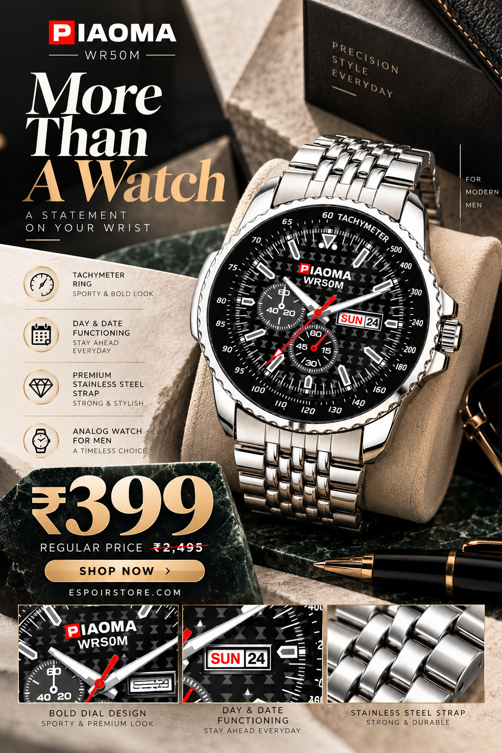 Piaoma Fresh Tachymeter Ring COllection Analog Watch  - For Men