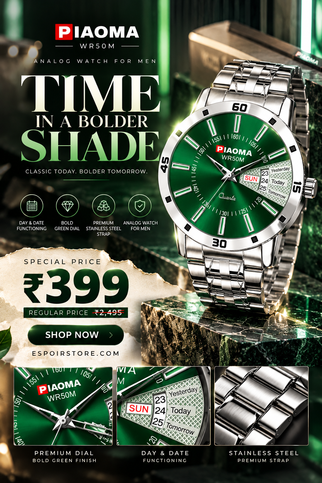 Piaoma Luxury Green Roman Dial Watch with Day & Date