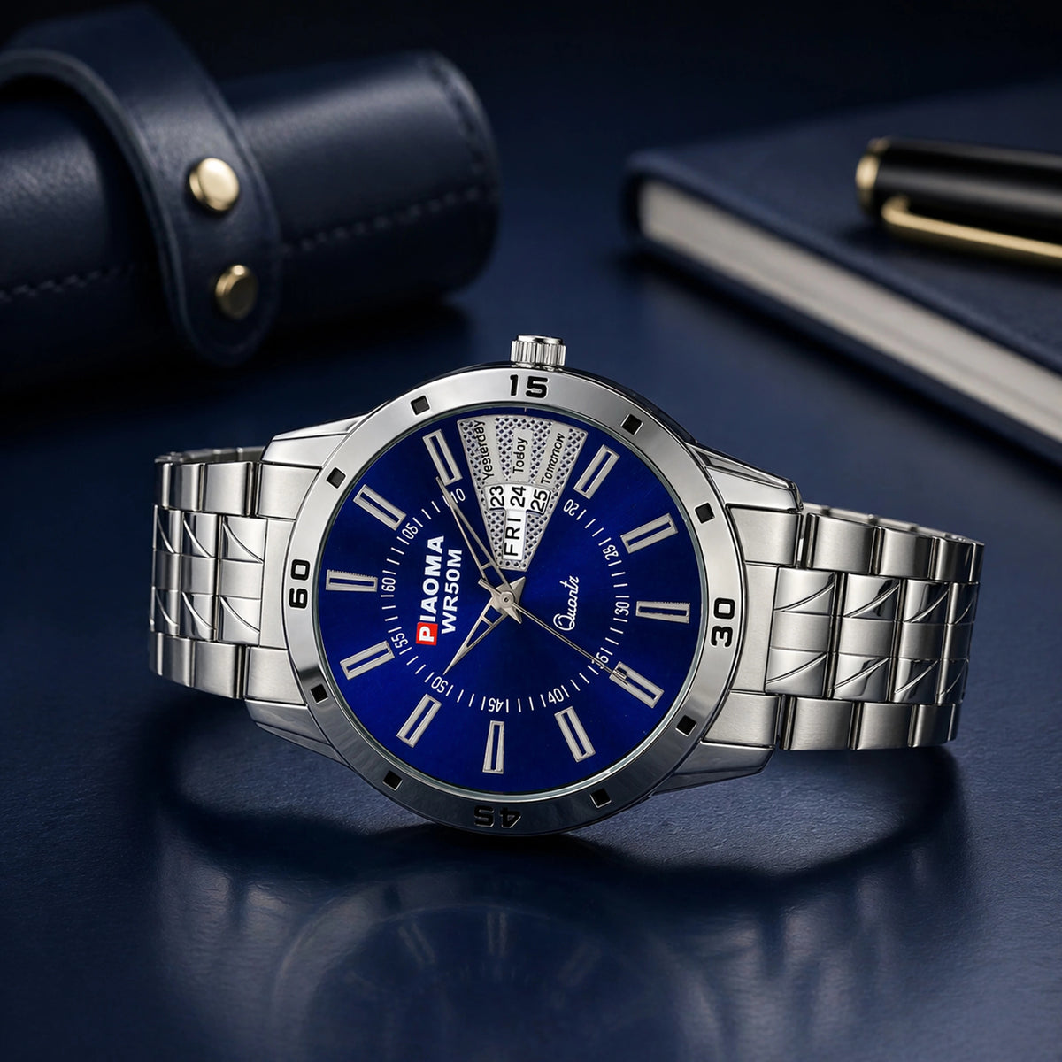 Piaoma Day and Date Latest Blue Stainless Steel FInish Luxury Blue color Day and Date Analog Watch  - For Men