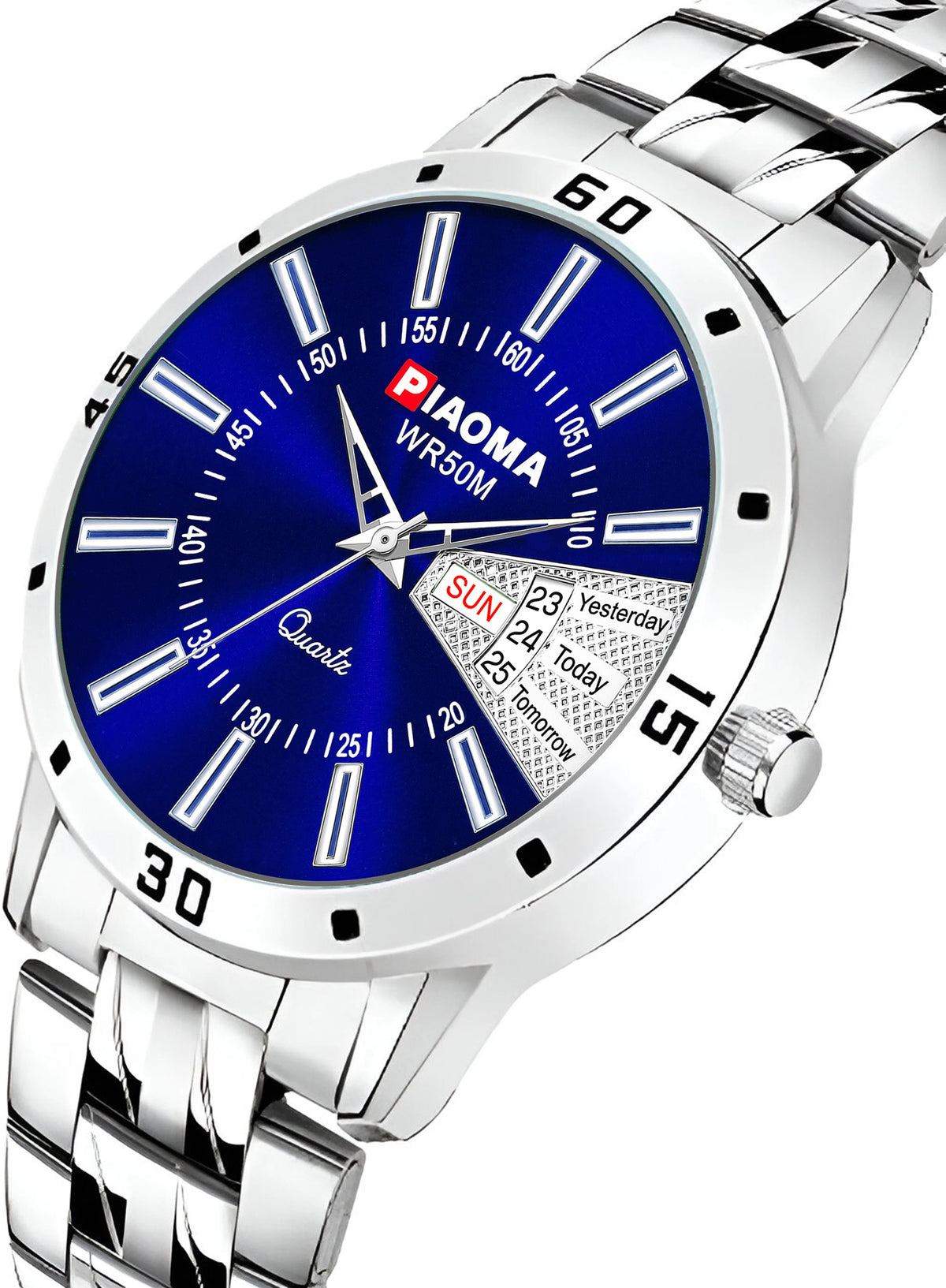 Piaoma Day and Date Latest Blue Stainless Steel FInish Luxury Blue color Day and Date Analog Watch  - For Men