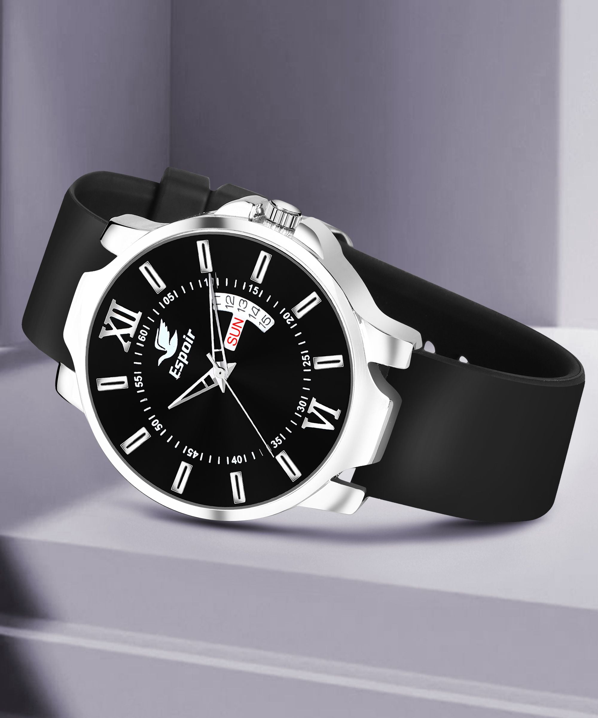 Espoir Black Silicone Day and Date Smart Watch Strap Day And Date Functioning High Quality Analog Watch  - For Men